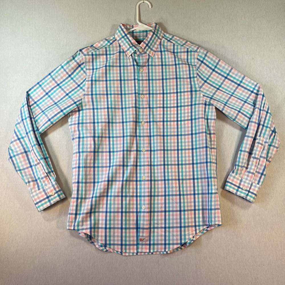 Vineyard Vines Mens Small Classic Fit Murray Shirt Plaid Blue Pink Cotton Shirt